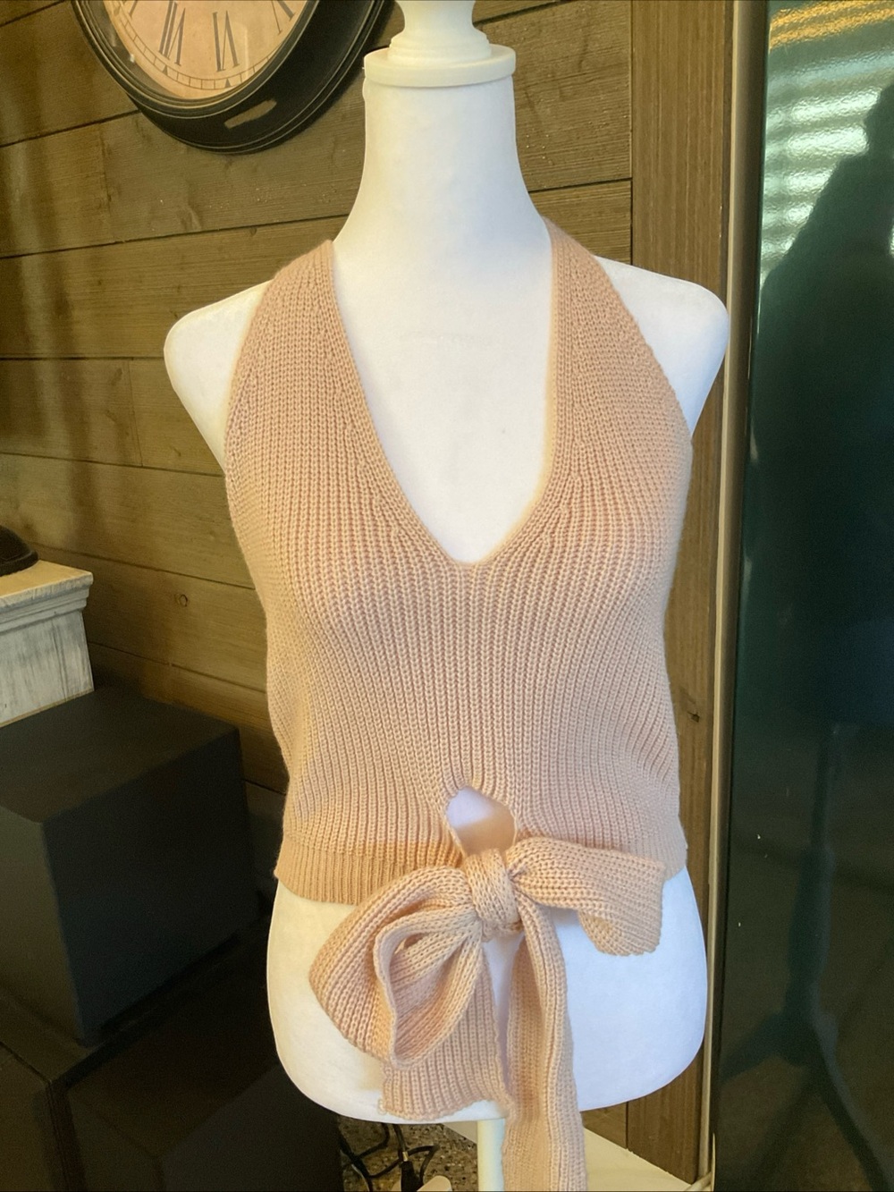 Source Unknown Peach Knit Halter Crop Top with Front Tie